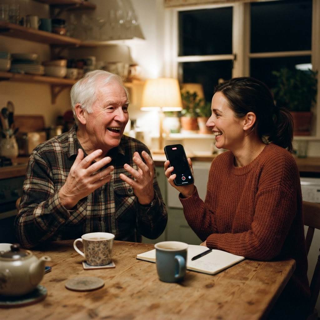 A daughter recording her father as he tells a story at the kitchen table